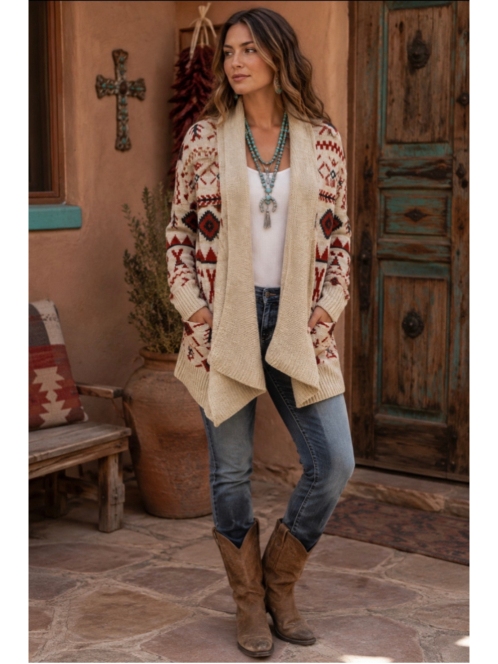 Roxy Southwestern Geometric Open Front Cardigan Sweater Women’s L Boho Western